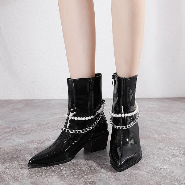 boots 2021 fashion patent pu leather women ankle thick heel pointed toe ladies short with chain female party ymb322, Black
boots 2021 fashion patent pu leather women ankle thick heel pointed toe ladies short with chain female party ymb322, Black
