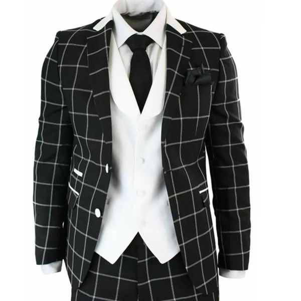 men's suits & blazers ensembles homme black plaid jacket with pants slim fit ivory vest 3 pieces groom wear custom made mariage prom pa, White;black
men's suits & blazers ensembles homme black plaid jacket with pants slim fit ivory vest 3 pieces groom wear custom made mariage prom pa, White;black