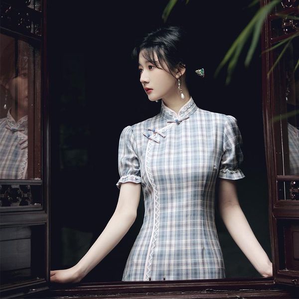 ethnic clothing chinese female elegant mandarin collar slim qipao vintage blue plaid print short sleeve cheongsam vestidos formal dress, Red
ethnic clothing chinese female elegant mandarin collar slim qipao vintage blue plaid print short sleeve cheongsam vestidos formal dress, Red