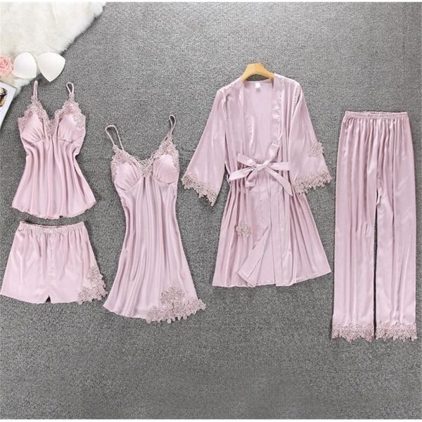 women pajamas 5 pieces satin sleepwear pajama faux silk home wear home clothing embroidery sleep lounge pajama with chest pads 210203, Black;red
women pajamas 5 pieces satin sleepwear pajama faux silk home wear home clothing embroidery sleep lounge pajama with chest pads 210203, Black;red