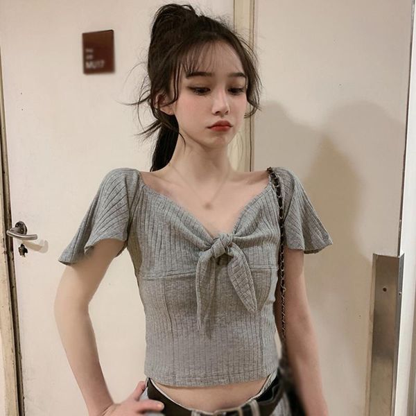 women's t-shirt tshirt v neck slim tee bow s female exposed navel knitted short sleeve, White
women's t-shirt tshirt v neck slim tee bow s female exposed navel knitted short sleeve, White