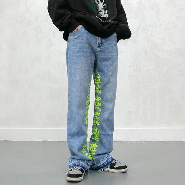 men's jeans high street retro men frayed embroidered letters jean women loose straight wide leg flared casual pants hip hop streetwear, Blue
men's jeans high street retro men frayed embroidered letters jean women loose straight wide leg flared casual pants hip hop streetwear, Blue