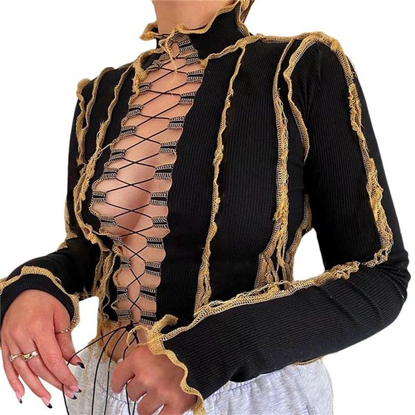 women's t-shirt xingqing cropped shirt hollow bandage patchwork party ruffle stand neck knitting clothes lace up tshirt, White
women's t-shirt xingqing cropped shirt hollow bandage patchwork party ruffle stand neck knitting clothes lace up tshirt, White