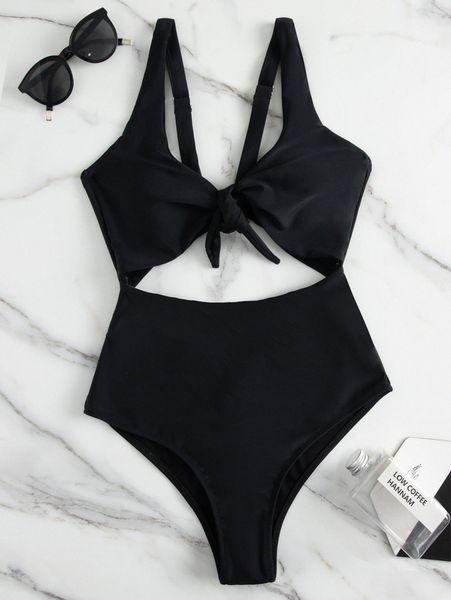 knot front cut-out one piece swimsuit n4ib#, White;black 
knot front cut-out one piece swimsuit n4ib#, White;black