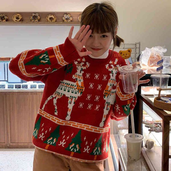 women's judong clown tongue lazy bf thick sweater reindeer jacquard control film, White;black
women's judong clown tongue lazy bf thick sweater reindeer jacquard control film, White;black