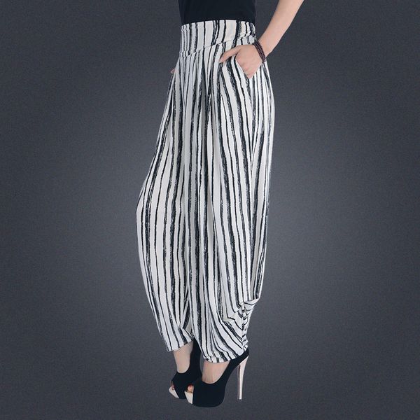 women's big elastic waist wild striped waistband thin section leg harepants pants itrs, Black;white
women's big elastic waist wild striped waistband thin section leg harepants pants itrs, Black;white