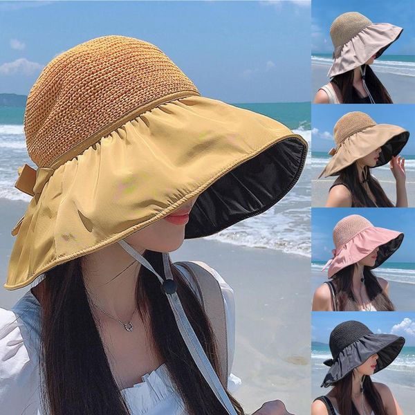 wide brim hats women's upf 50+ anti-uv hat sun black coating straw protection solid color bowknot stitching cap, Blue;gray
wide brim hats women's upf 50+ anti-uv hat sun black coating straw protection solid color bowknot stitching cap, Blue;gray