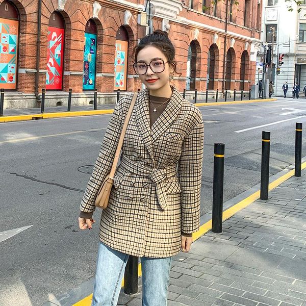 women's suits & blazers spring women blazer with sashe double breasted slim casual korean plaid suit jacket ladies elegant vintage wool, White;black
women's suits & blazers spring women blazer with sashe double breasted slim casual korean plaid suit jacket ladies elegant vintage wool, White;black