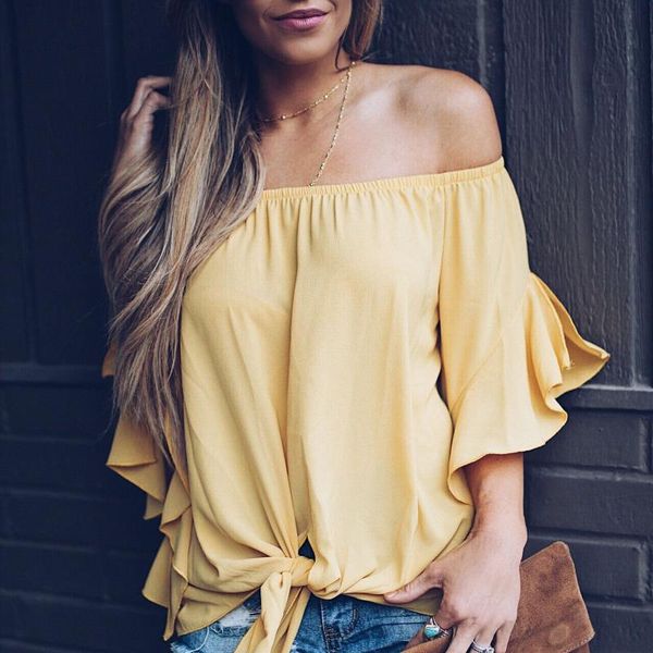 women's t-shirt ladies printed off shoulder neck chiffon striped knotted casual shirt top, White
women's t-shirt ladies printed off shoulder neck chiffon striped knotted casual shirt top, White