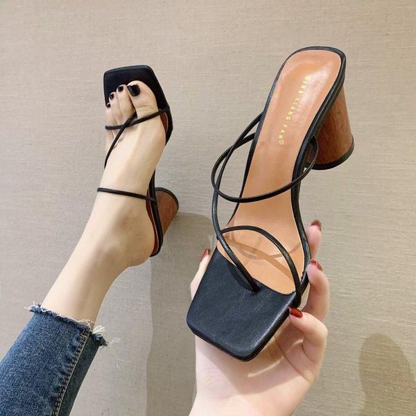 slippers women sandals woman thin heels summer female fashion square toe high ladies elegant slides narrow band shoes, Black 
slippers women sandals woman thin heels summer female fashion square toe high ladies elegant slides narrow band shoes, Black