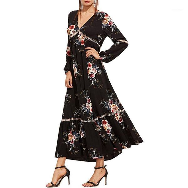 casual dresses black chiffon floral print 2021 a-line vinatge long sleeve v-neck maxi dress elegant chic women, Black;gray