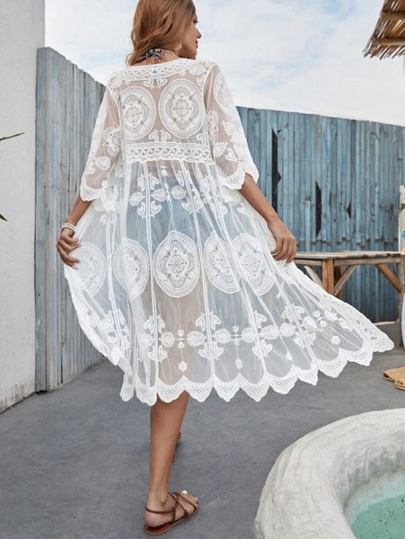 scallop trim tie front sheer mesh kimono 92rj#, White;black