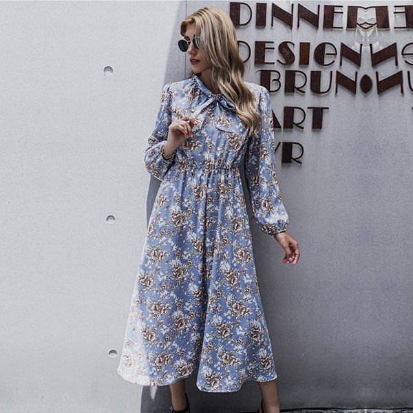 2021 elegant lantern sleeve floral casual autumn winter tie collar high waist slim print long for women new vgts, Black;gray