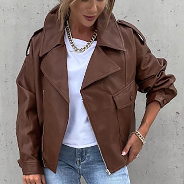women's jackets pure color turn down collar button cardigan biker suit leather jacket autumn and winter females coat streetwear, Black;brown
women's jackets pure color turn down collar button cardigan biker suit leather jacket autumn and winter females coat streetwear, Black;brown