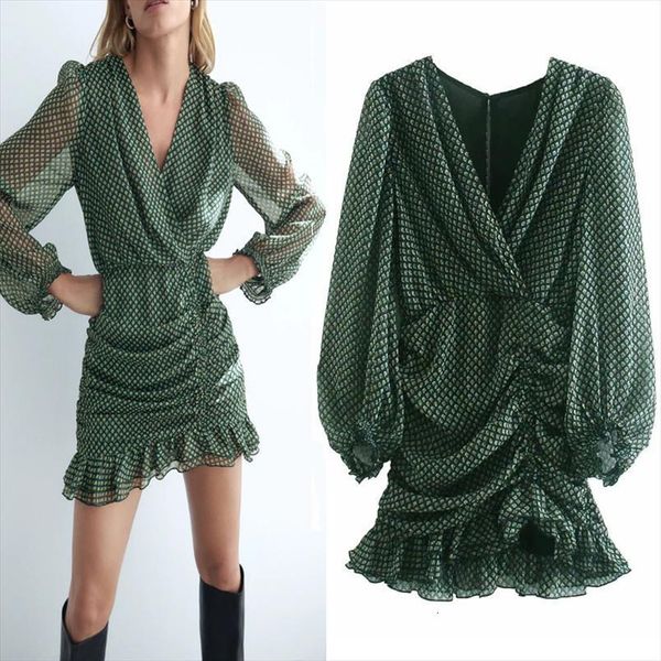 green metallic thread draped women dress mini za v neck long sleeve ruched ruffle dresses back buttoned opening retro, Black;gray
green metallic thread draped women dress mini za v neck long sleeve ruched ruffle dresses back buttoned opening retro, Black;gray