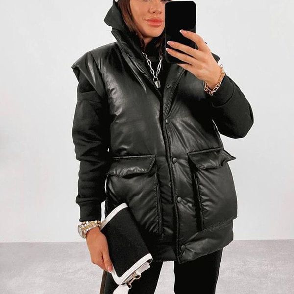 women's vests yana fashion stand collar women elegant solid faux leather coats loose wide shoulders pockets cotton ladies, Black;white
women's vests yana fashion stand collar women elegant solid faux leather coats loose wide shoulders pockets cotton ladies, Black;white