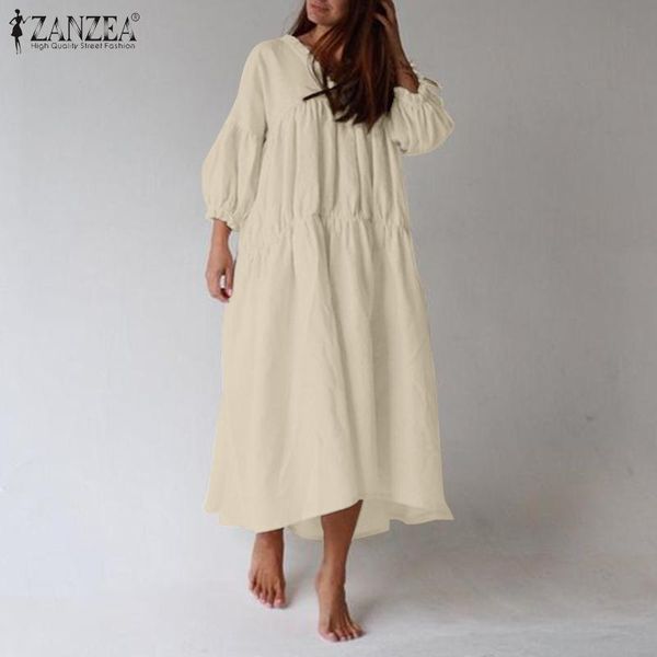 casual dresses zanzea autumn sundress fashion women v neck 3/4 sleeve solid mid-calf dress vintage ruffles loose long vestidos oversized, Black;gray 
casual dresses zanzea autumn sundress fashion women v neck 3/4 sleeve solid mid-calf dress vintage ruffles loose long vestidos oversized, Black;gray