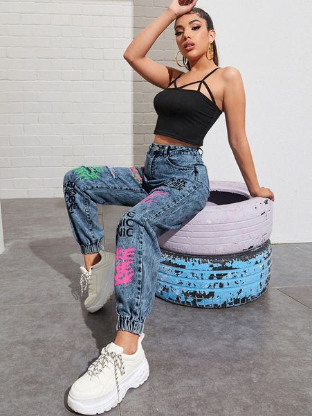 high waisted slogan graphic ripped detail jeans o1iy#, Blue
high waisted slogan graphic ripped detail jeans o1iy#, Blue
