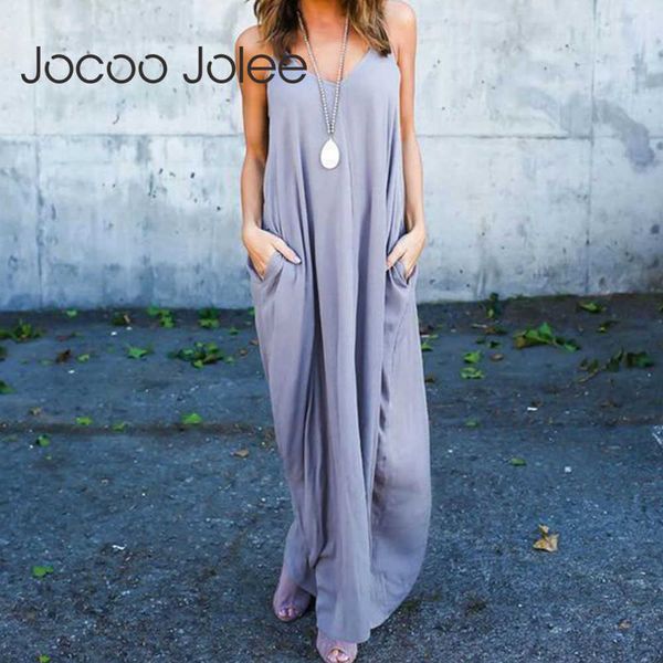 jocoo jolee summer strap sleeveless cotton loose long dress fashion big pocket maxi dress female irregular beach dress 5xl 210619, Black;gray