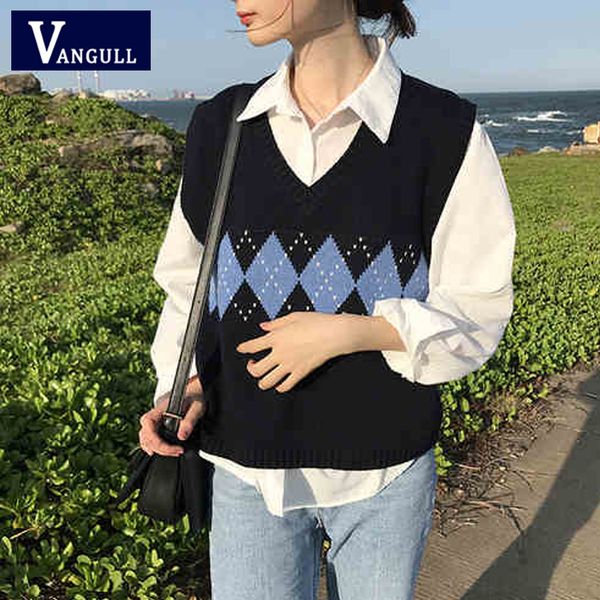 vangull women sweater vest autumn 2020 korean style vintage geometric argyle v neck sleeveless pullovers knitted woman sweaters, Black;green
vangull women sweater vest autumn 2020 korean style vintage geometric argyle v neck sleeveless pullovers knitted woman sweaters, Black;green