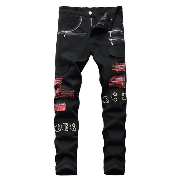 men's jeans tartan plaids patchwork denim punk rock zippers rivets black pants trendy slim straight trousers, Blue
men's jeans tartan plaids patchwork denim punk rock zippers rivets black pants trendy slim straight trousers, Blue