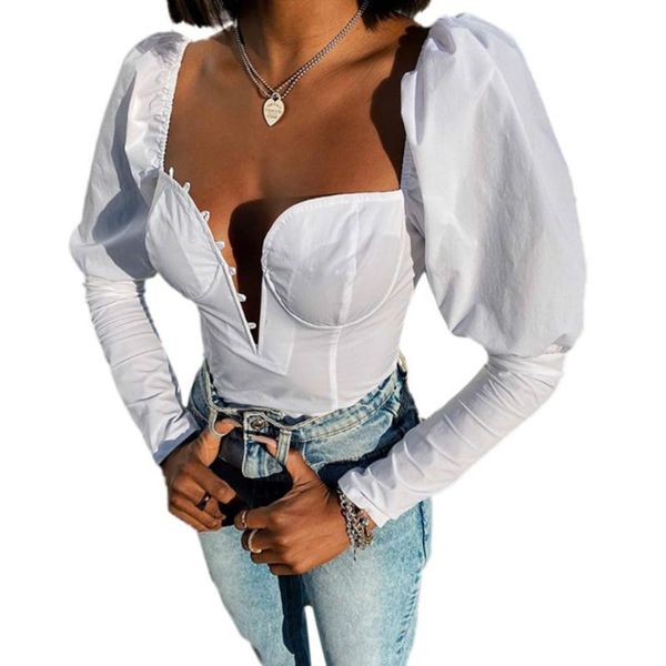 women slim solid color long puff sleeve hollow chest wild fashion v neck casual shirt boluse, White
women slim solid color long puff sleeve hollow chest wild fashion v neck casual shirt boluse, White