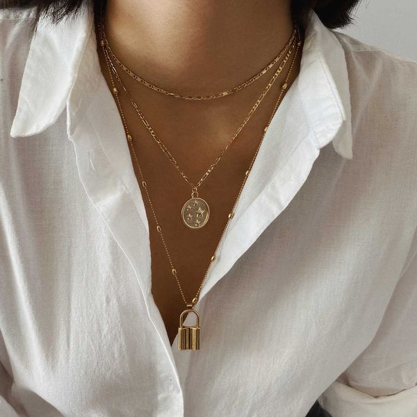 jewelry simple geometric lock female bead chain star relief pendant necklace, Silver
jewelry simple geometric lock female bead chain star relief pendant necklace, Silver