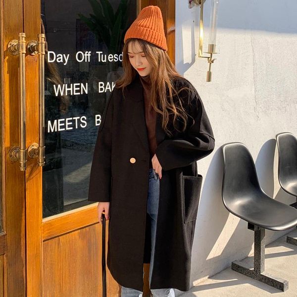 women's wool & blends woolen coat is loose and thin, hepburn style medium long solid color overcoat, Black
women's wool & blends woolen coat is loose and thin, hepburn style medium long solid color overcoat, Black