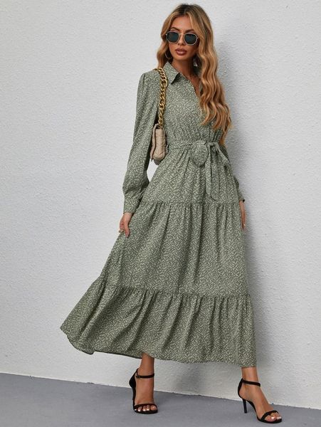 leaf print lantern sleeve ruffle hem belted shirt dress p615#, Black;gray
leaf print lantern sleeve ruffle hem belted shirt dress p615#, Black;gray