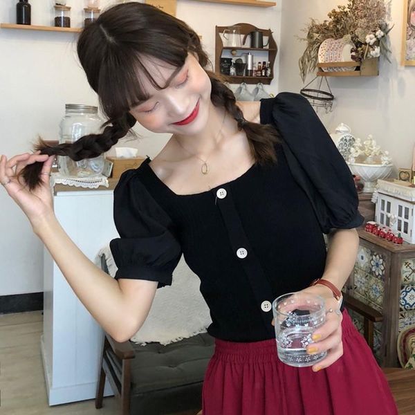 women's t-shirt summer coat square collar solid color simple wild bubble sleeve knitted short tshirt w3, White
women's t-shirt summer coat square collar solid color simple wild bubble sleeve knitted short tshirt w3, White