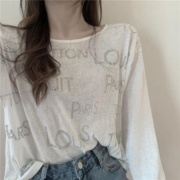 women's polos korean style sense of design round neck loose thin looking cool letters rhinestone printed long sleeve, White
women's polos korean style sense of design round neck loose thin looking cool letters rhinestone printed long sleeve, White