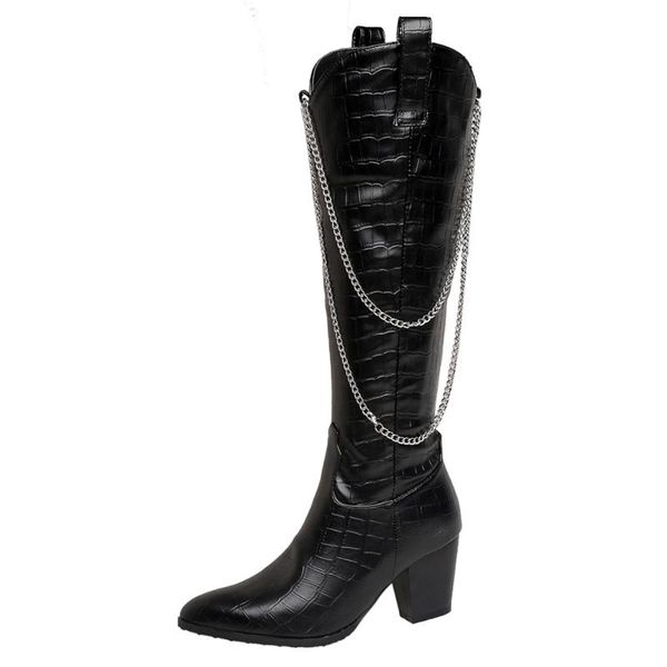 boots crocodile pointed toe square heel metal chain denim with side zipper stone patterned thick pu knee retro shoes, Black
boots crocodile pointed toe square heel metal chain denim with side zipper stone patterned thick pu knee retro shoes, Black