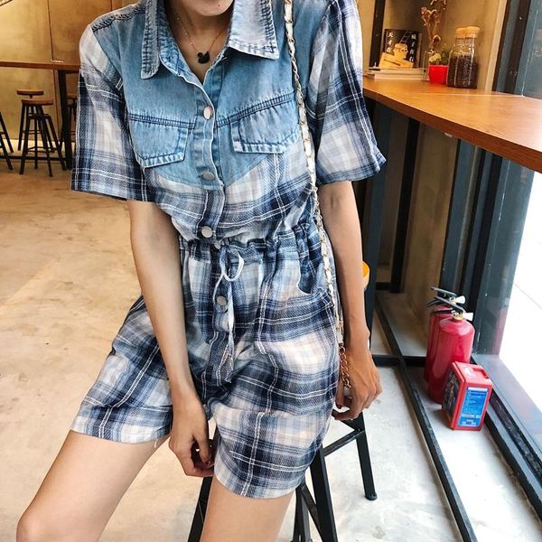 summer jumpsuits women rompers plaid denim spliced patchwork casual short sleeve casual pant jumpsuit playsuits overalls cc259, Black;white
summer jumpsuits women rompers plaid denim spliced patchwork casual short sleeve casual pant jumpsuit playsuits overalls cc259, Black;white