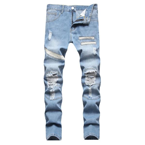 men's jeans light blue holes ripped denim streetwear patchwork slim straight cotton pants trousers
men's jeans light blue holes ripped denim streetwear patchwork slim straight cotton pants trousers