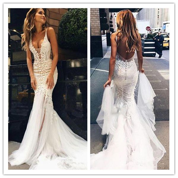 pallas couture 2021 lace floral long train mermaid beach wedding dresses custom make v-neck full length fishtail bridal wedding gown, White 
pallas couture 2021 lace floral long train mermaid beach wedding dresses custom make v-neck full length fishtail bridal wedding gown, White
