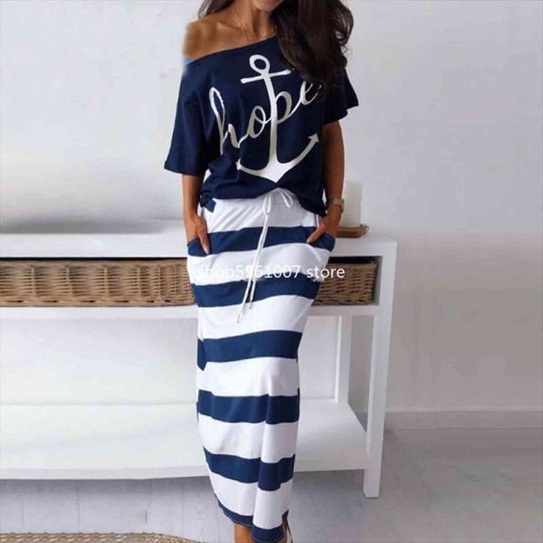 2 piese set lounge wear women tracksuits hope boat anchor print off shoulder t shirt and regular striped skirt, Gray
2 piese set lounge wear women tracksuits hope boat anchor print off shoulder t shirt and regular striped skirt, Gray
