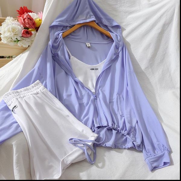 fashion suit sunscreen cardigan jacket sports camisole high waist wide leg shorts three piece female, Gray
fashion suit sunscreen cardigan jacket sports camisole high waist wide leg shorts three piece female, Gray