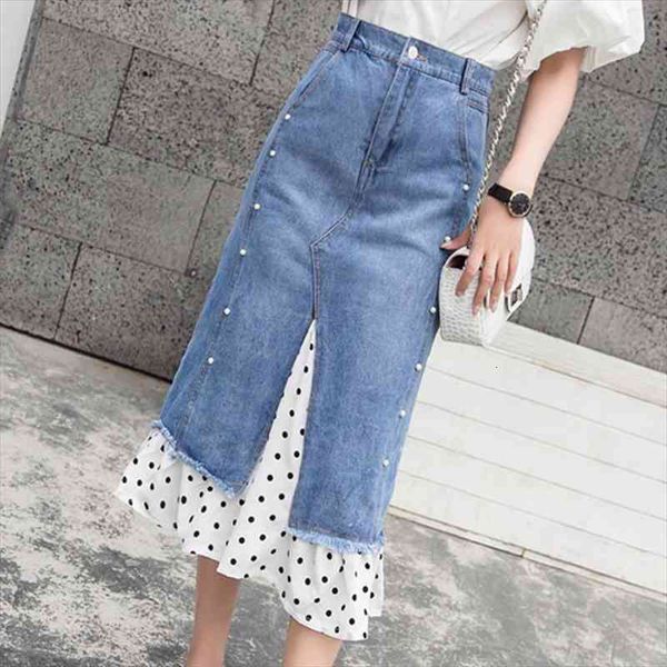 white lace denim stitching women skirts mid calf summer mesh a line split wave point ruffled high waist fishtail, Black
white lace denim stitching women skirts mid calf summer mesh a line split wave point ruffled high waist fishtail, Black