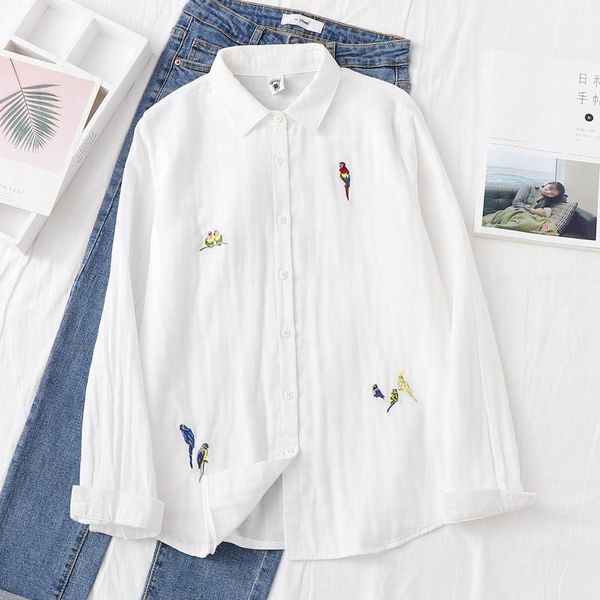 women's blouses & shirts parrot embroidery double-layer cotton yarn artistic partysu shirt skin-friendly bottoming, White
women's blouses & shirts parrot embroidery double-layer cotton yarn artistic partysu shirt skin-friendly bottoming, White