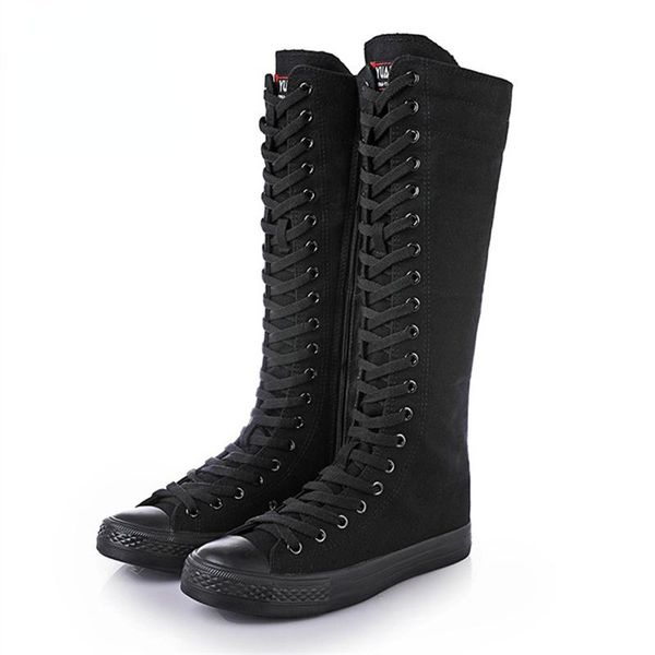 boots 2022 spring autumn women shoes canvas casual high long lace-up zipper comfortable flat sneakers size 34-43, Black