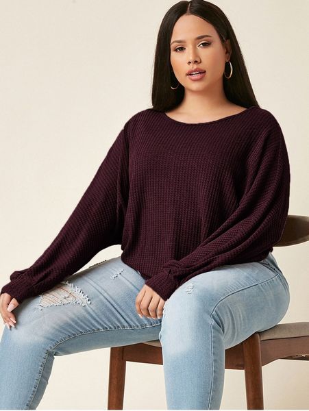 plus batwing sleeve waffle knit tee z1z7#, Black