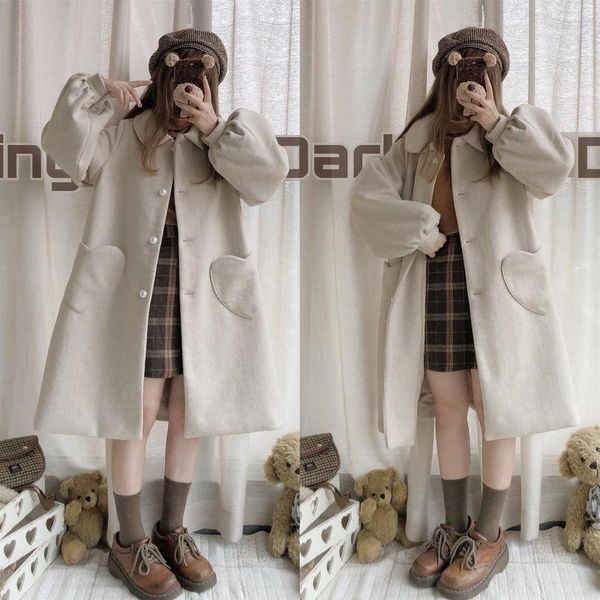 women's wool & blends winter women woolen coats sweet preppy style trendy loose pearl buttons lantern sleeve kawaii jk heart-pocket coa, Black
women's wool & blends winter women woolen coats sweet preppy style trendy loose pearl buttons lantern sleeve kawaii jk heart-pocket coa, Black