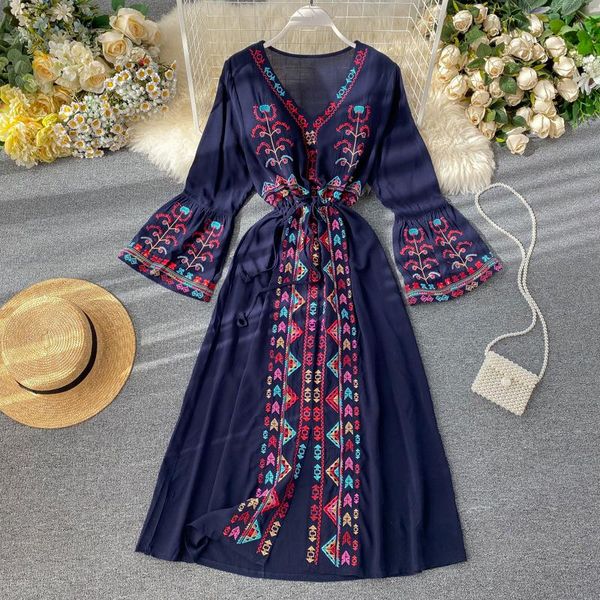 casual dresses summer women's dress heavy industry embroidery v-neck drawstring trumpet sleeves ethnic style thin waist long ll040, Black;gray
casual dresses summer women's dress heavy industry embroidery v-neck drawstring trumpet sleeves ethnic style thin waist long ll040, Black;gray