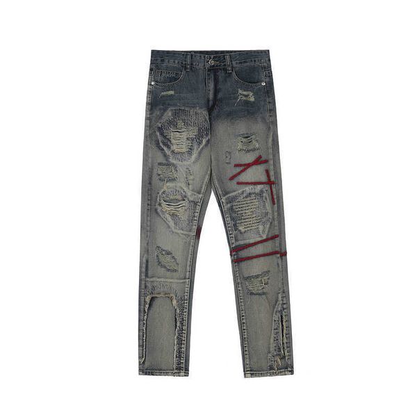 men's jeans high street patchwork perforated red thread embroidered jeans, Blue
men's jeans high street patchwork perforated red thread embroidered jeans, Blue