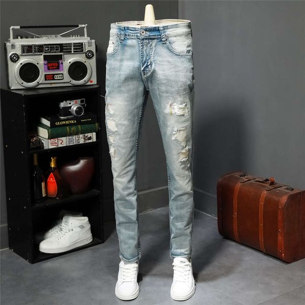 autumn and winter fashion light color hole patch jeans men's slim little feet make old elastic casual pants, Blue
autumn and winter fashion light color hole patch jeans men's slim little feet make old elastic casual pants, Blue