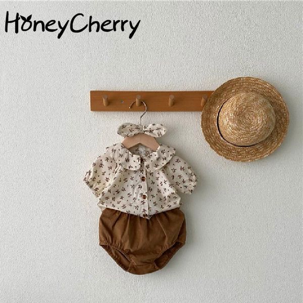 clothing sets floral summer paragraph short-sleeved shirt + shorts headband three-piece fashion clothes baby girl, White 
clothing sets floral summer paragraph short-sleeved shirt + shorts headband three-piece fashion clothes baby girl, White