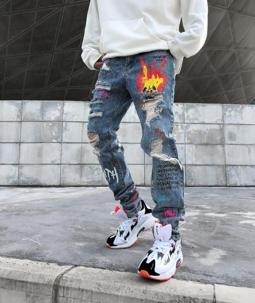 men's jeans homme men 2021 hole print letter spray flame straight slim pencil pants ripped for vaqueros hombre, Blue
men's jeans homme men 2021 hole print letter spray flame straight slim pencil pants ripped for vaqueros hombre, Blue