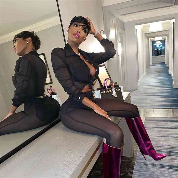women's leggings single breasted two piece set women streetwear blouse +elastic mesh see through midnight clubwear skinny outfits, Black
women's leggings single breasted two piece set women streetwear blouse +elastic mesh see through midnight clubwear skinny outfits, Black