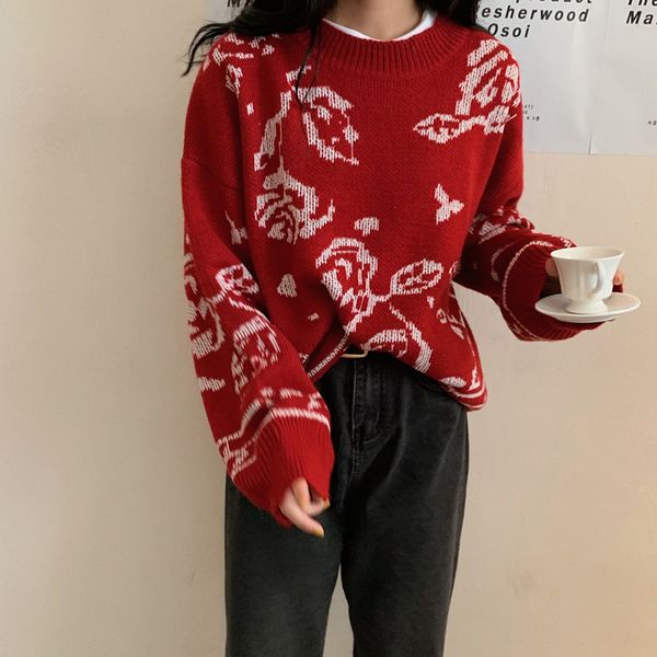 2021 new autumn college style loose rose knit jacquard long-sleeved sweater round neck pullover all-match fashionable ehun, White;black
2021 new autumn college style loose rose knit jacquard long-sleeved sweater round neck pullover all-match fashionable ehun, White;black