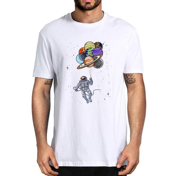 men's t-shirts cotton funny astronaut holding planet balloons solar system space gifts summer short sleeve novelty t-shirt women, White;black